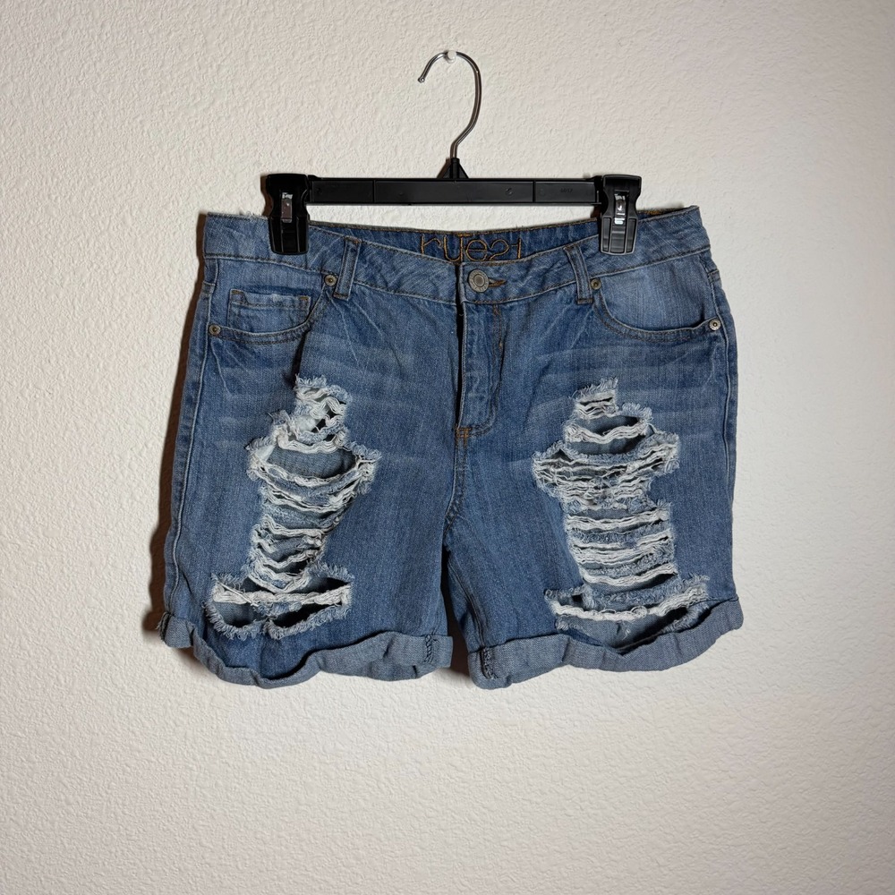 Rue21 Cut Off Shorts Womens 32 Blue Medium Wash Denim Cotton Mid Rise Cuffed Hem